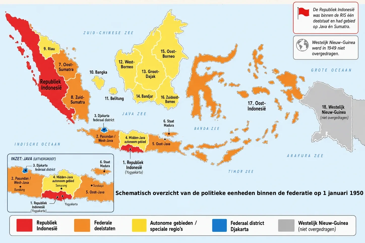 Kaart van Indonesië binnen de RIS op 1 januari 1950